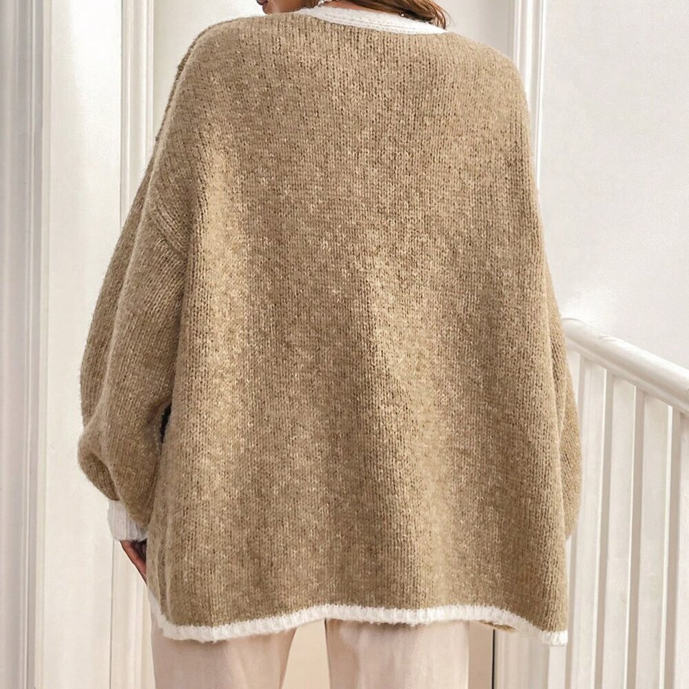Khaki Casual Women's Loose Fit V-Neck Long Sleeve Cardigan - Picture 2 of 7